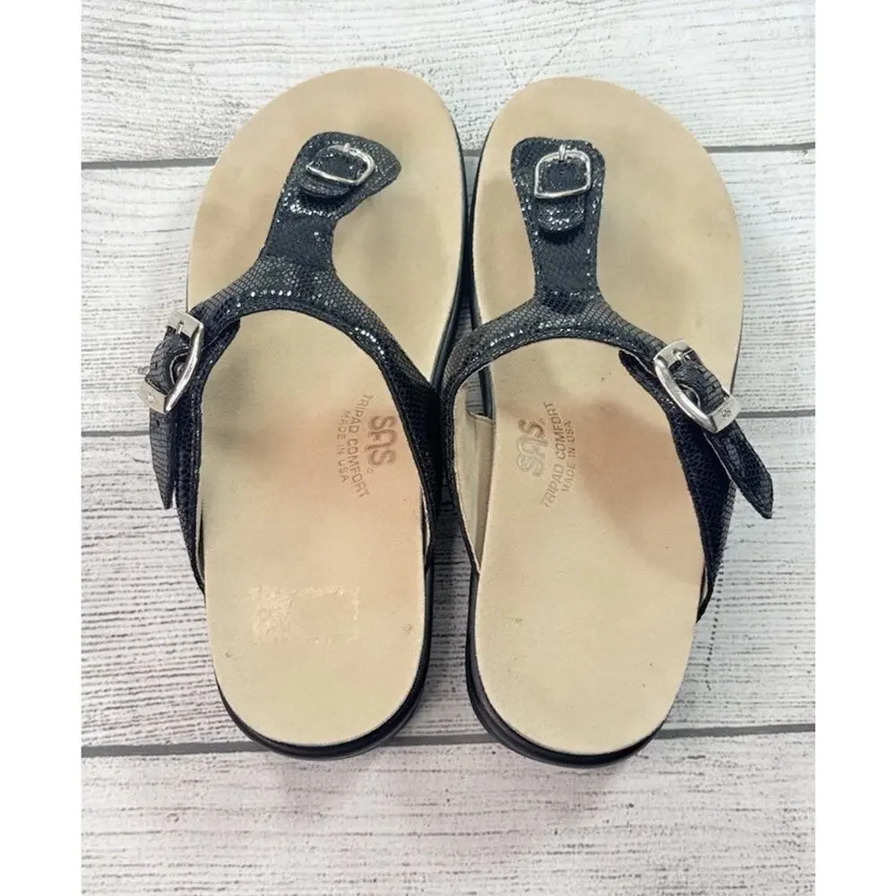 SAS Sanibel Slide Sandal Thong T Strap Buckle Adjustable Black Snake Size 8M